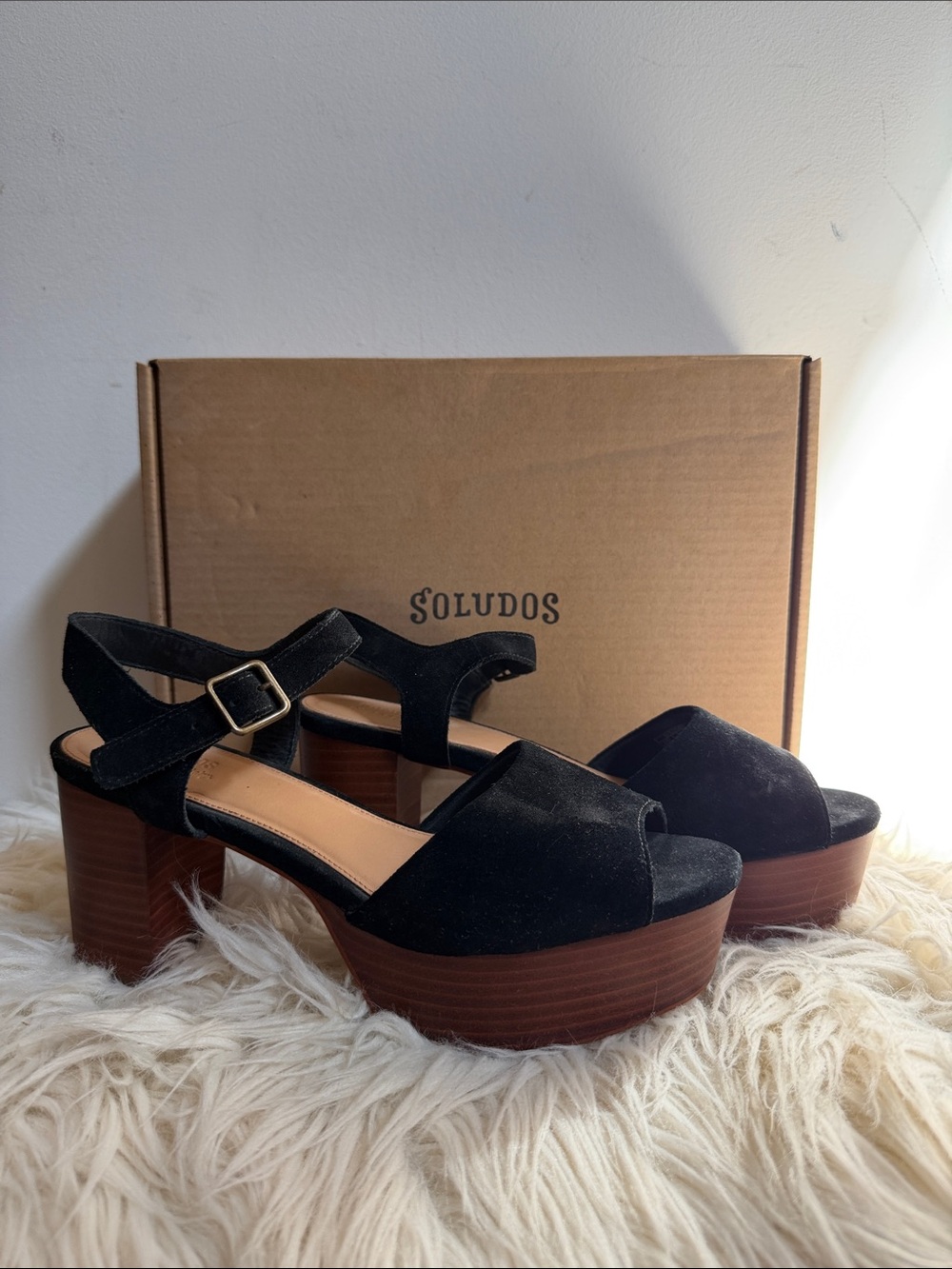 Soludos Black Suede Platform Sandals with Wood-Effect Heel Women’s 8.5